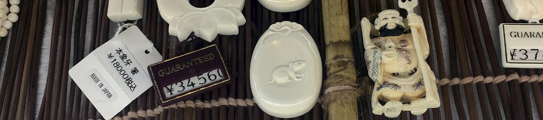 Display of ivory items at a shop in Tokyo’s tourist areas. A sticker promotes “made in Japan” shown also in Chinese and Korean © TRAFFIC