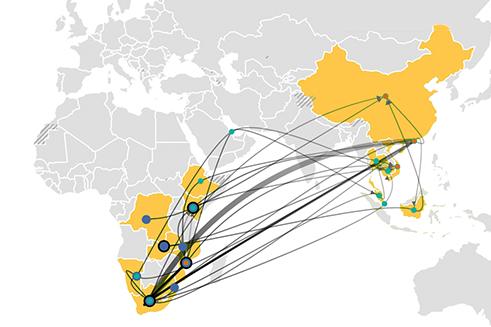 Các tuyến buôn bán sừng tê giác từ Châu Phi đến Châu Á giai đoạn 2016–2017