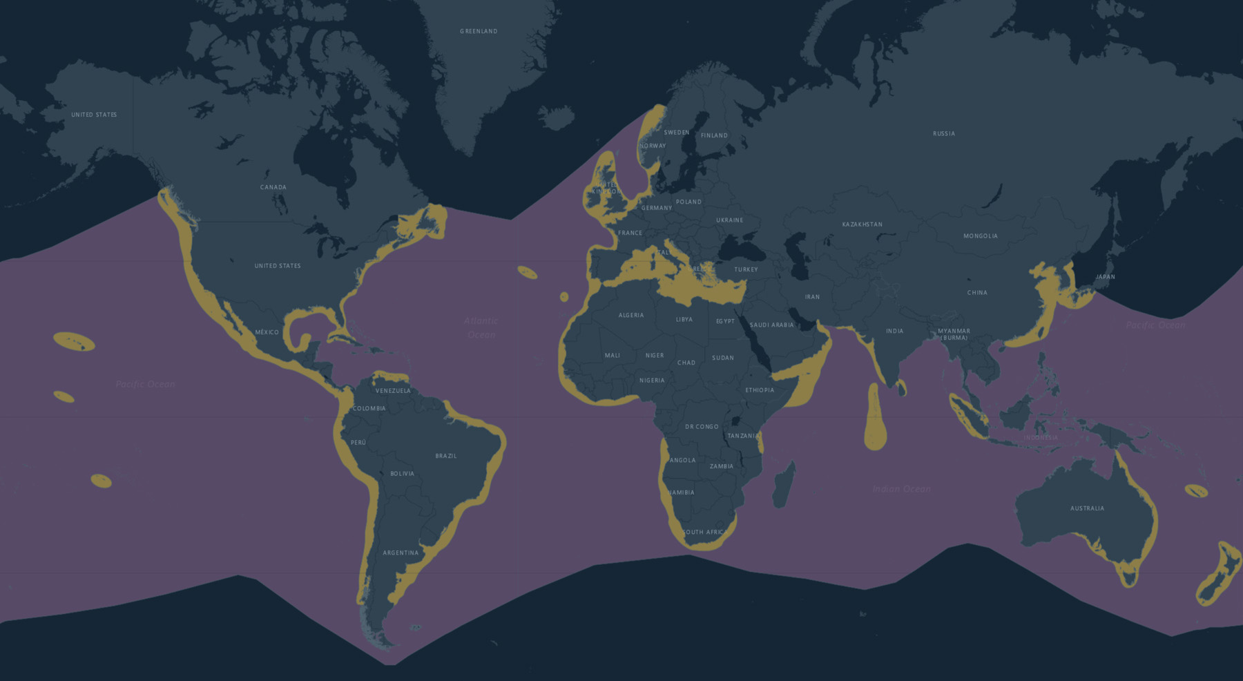 Purple: Possibly extant, orange: extant. Photo: Adapted from the IUCN Red List