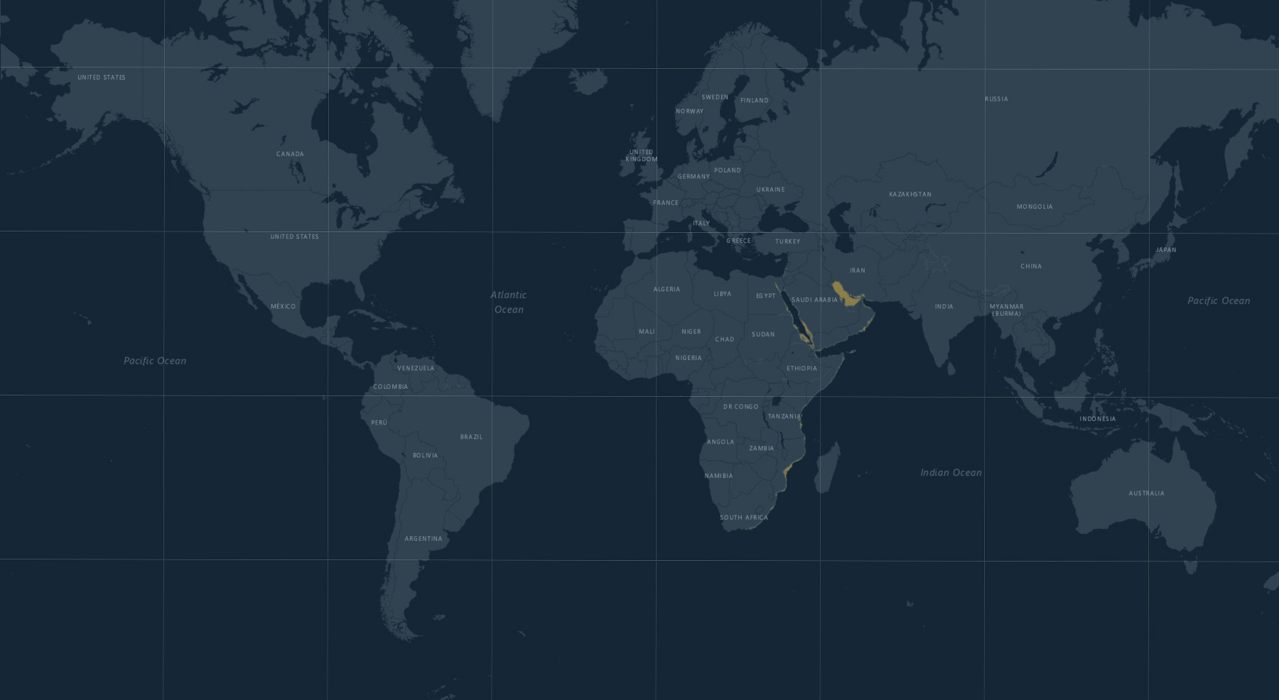 Range for the Whitespotted Wedgefish>Rhynchobatus djiddensis. Orange: extant. Photo: Adapted from the IUCN Red List