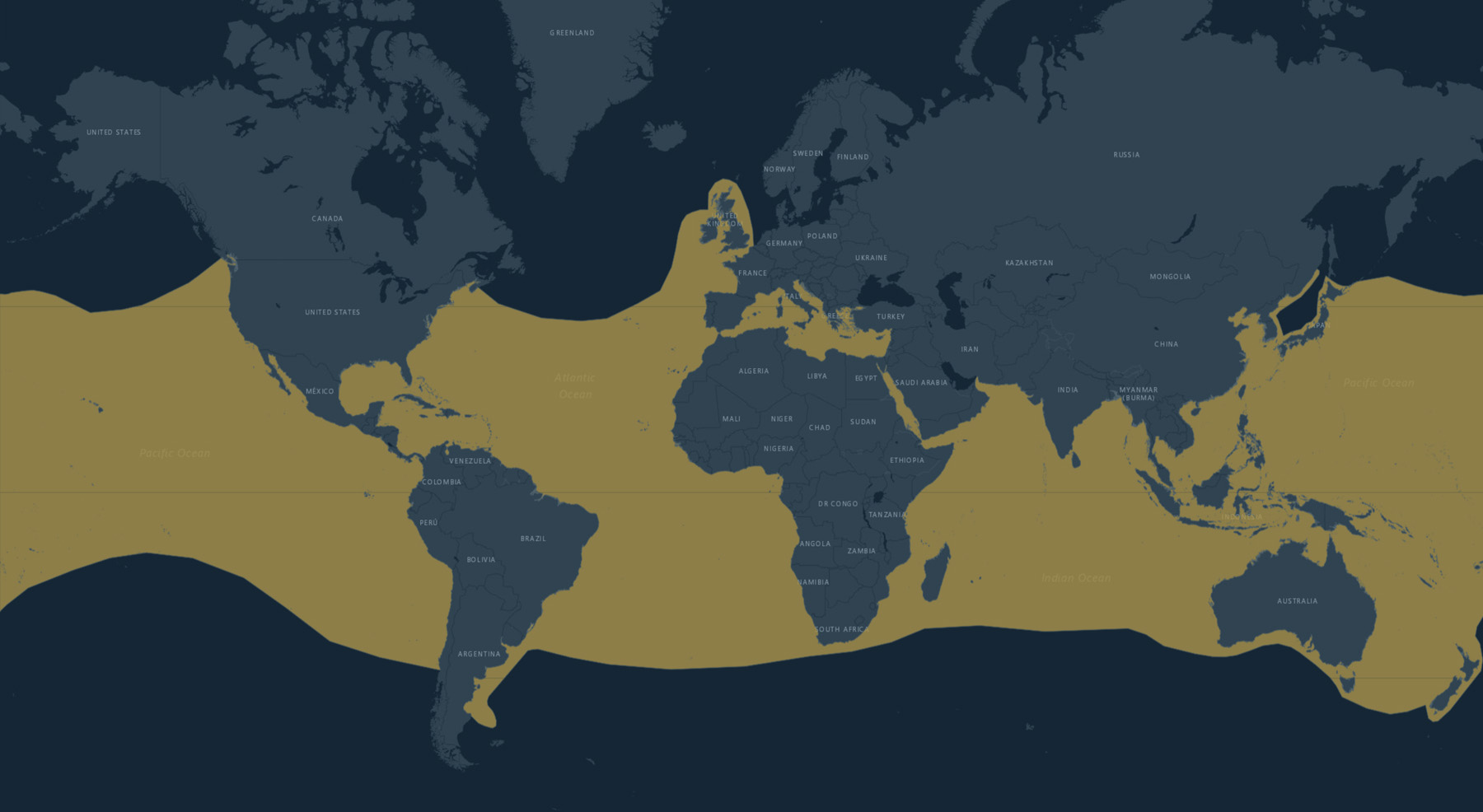 Range for the Whitespotted Wedgefish>Rhynchobatus djiddensis. Orange: extant. Photo: Adapted from the IUCN Red List