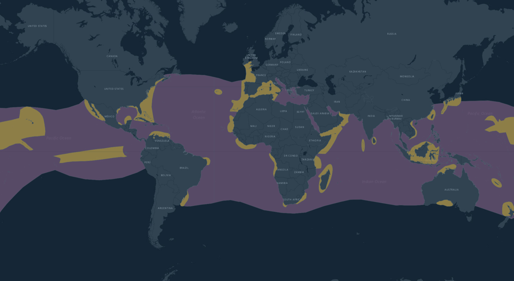 Orange: extant. Purple: possible extant. Photo: Adapted from the IUCN Red List