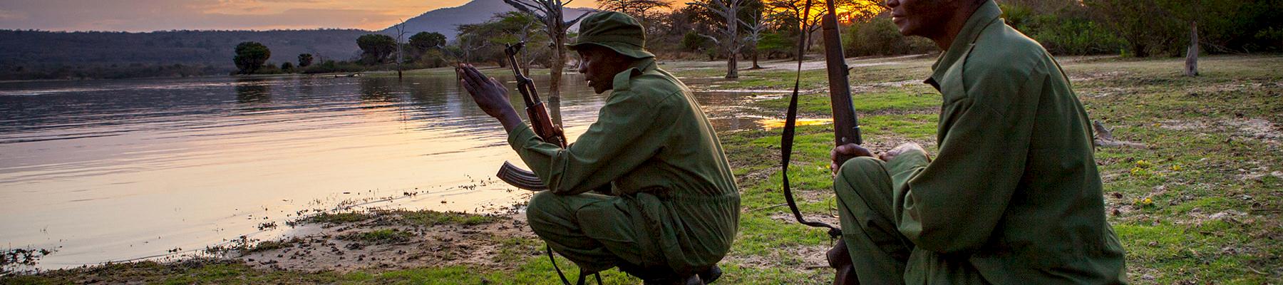 Wildlife rangers in Selous Game Reserve on rhino monitoring patrol © Greg Armfield / WWF