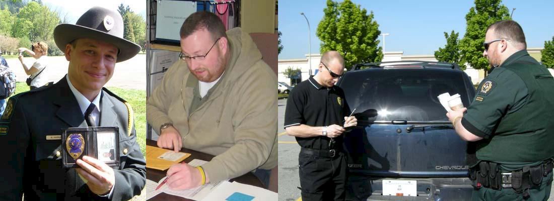 Bryan Huska (left), finishing his formal wildlife officer training, and Patrick Porter at work on a case. Right, the two officers taking notes before executing a search warrant
