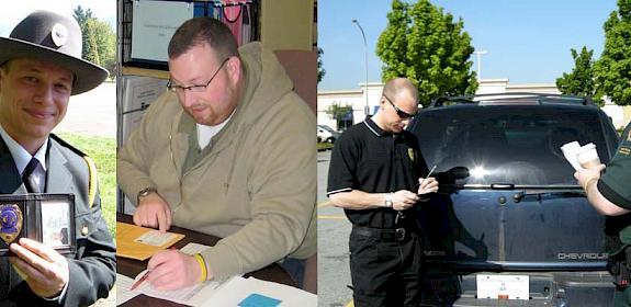 Bryan Huska (left), finishing his formal wildlife officer training, and Patrick Porter at work on a case. Right, the two officers taking notes before executing a search warrant